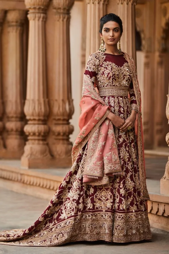 Wine Embroidered Trail Gown