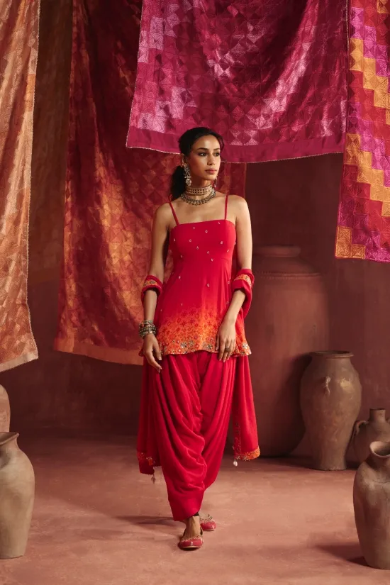 Chilli Scarlet Georgette Dhoti Set