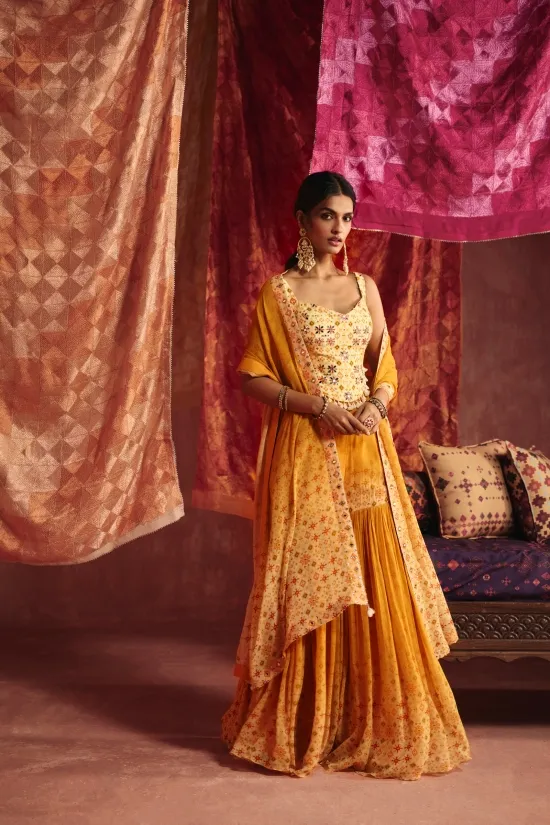 Mustard And Ivory Georgette Garara Set