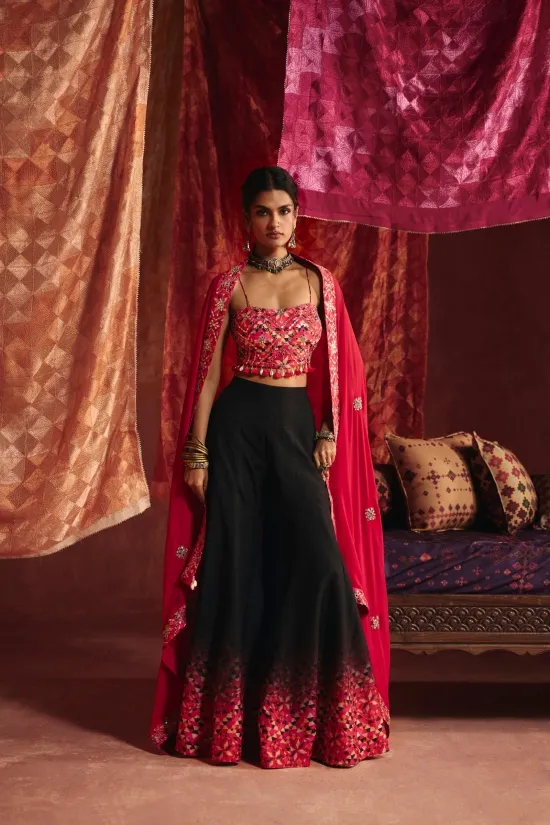 Rani Pink And Black Silk Sharara Set