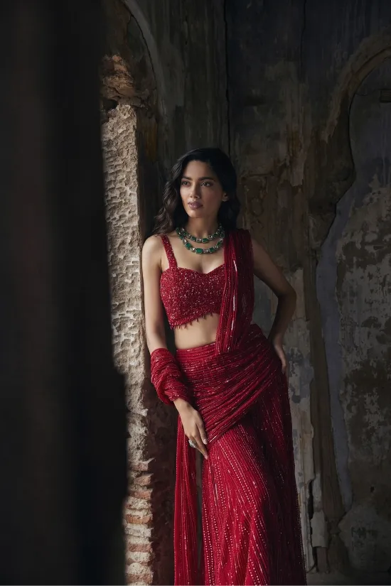 Carmine Red Net Drape Saree