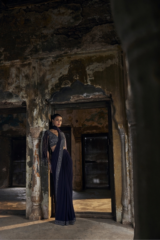 Midnight Blue Net Drape Saree