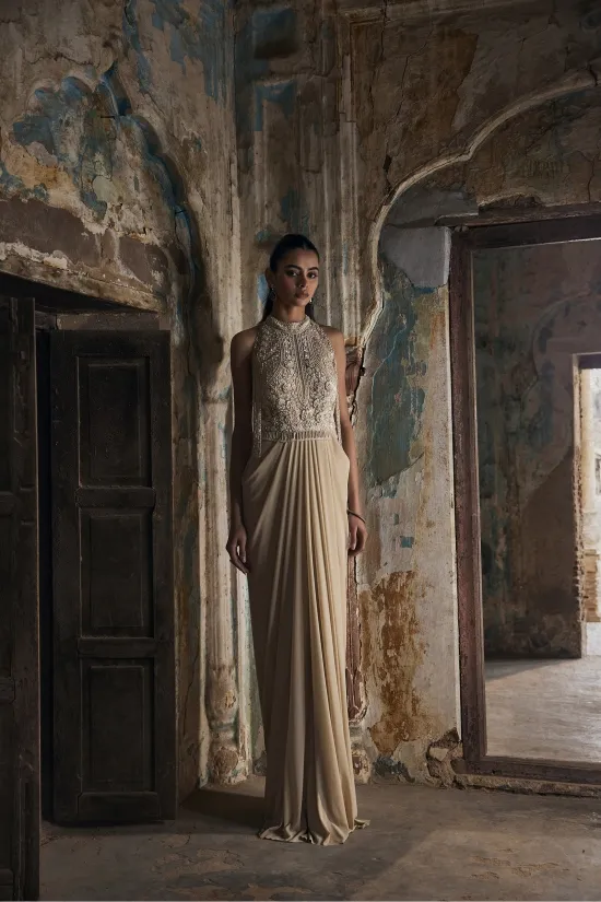 Beige Draped Net Gown