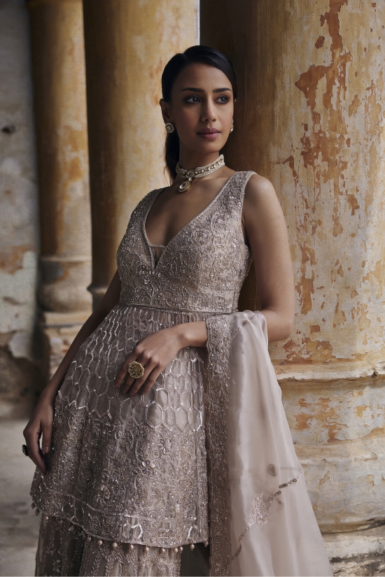 Taupe Tissue Sharara Set