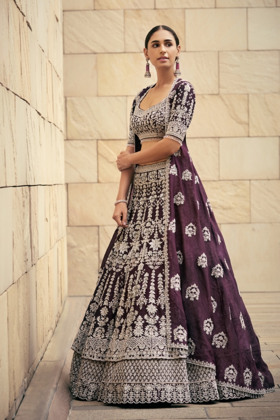 Wine Embroidered Jacket Lehenga