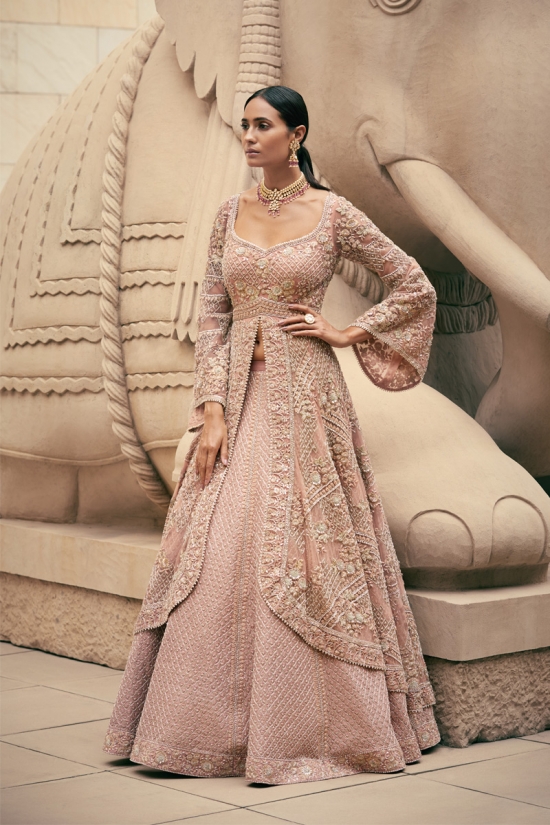 Peach Embroidered Jacket Lehenga