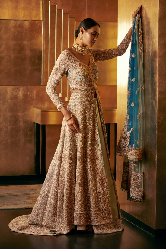 Light Blue Embroidered Trail Lehenga
