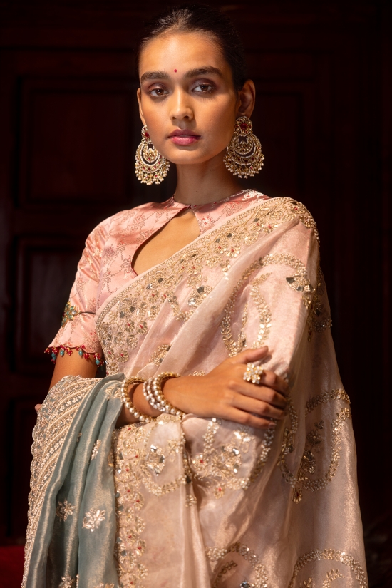 Pastel Pink Banarasi Tissue Saree