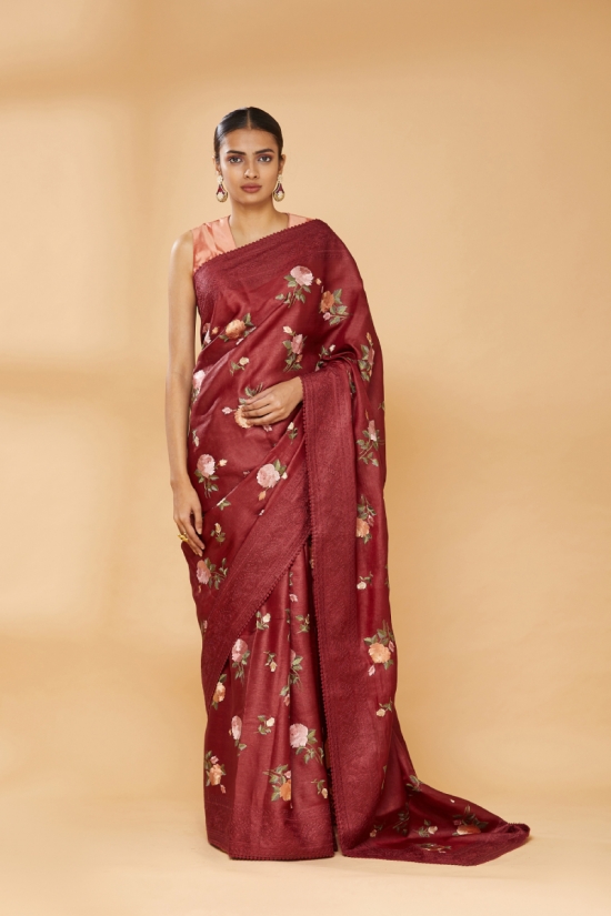 Sangria Red Embroidered Saree