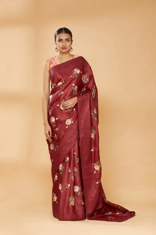 Sangria Red Embroidered Saree