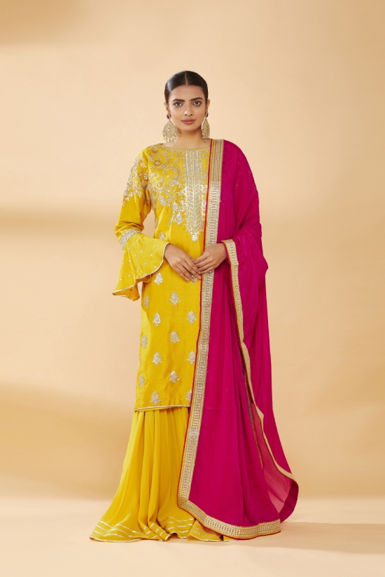 Mustard Embroidered Sharara Suit with Magenta Dupatta