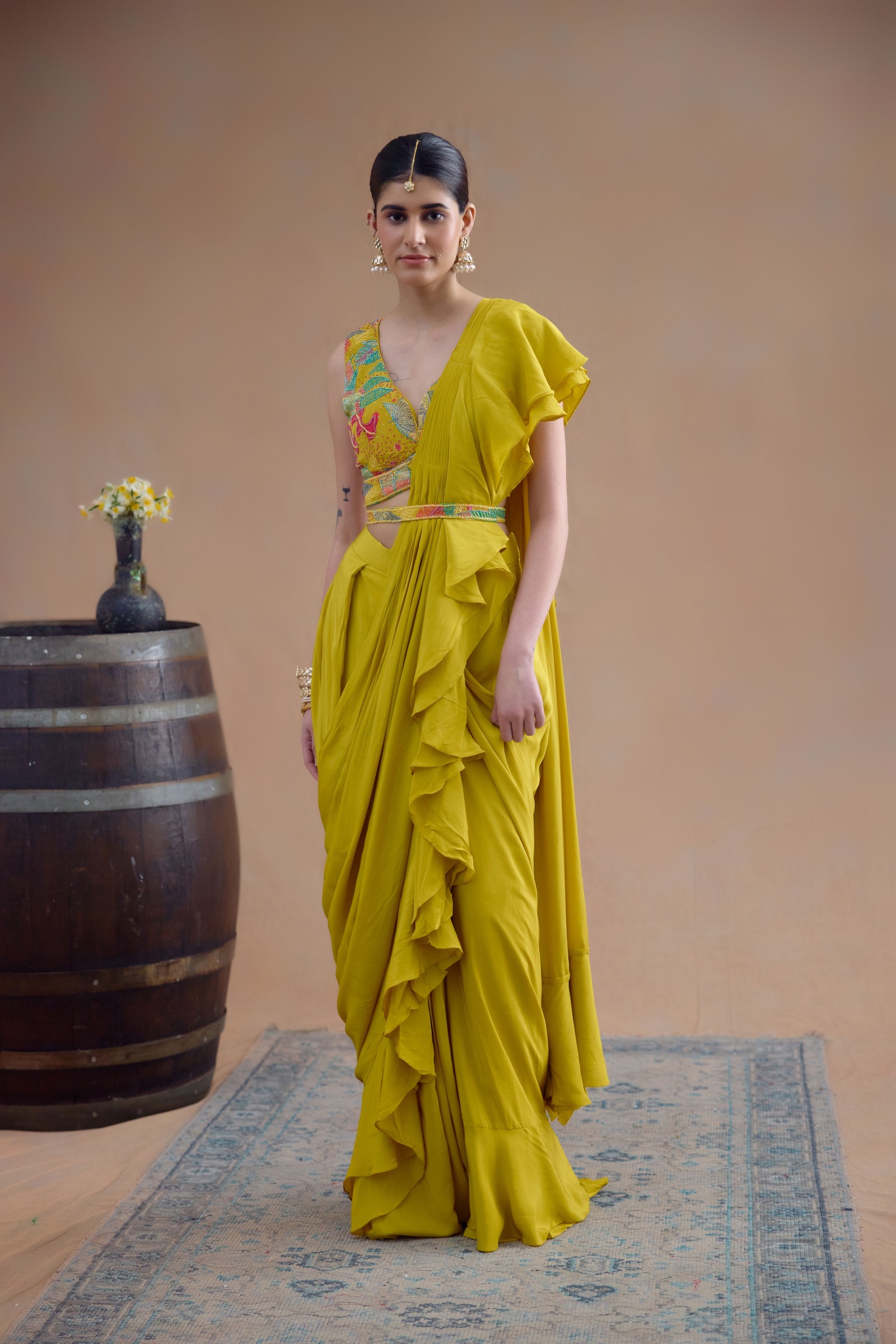 Indian Yellow Drape Saree Set