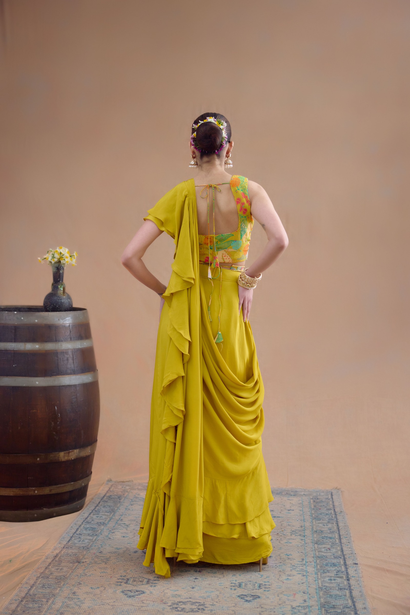 Indian Yellow Drape Saree Set