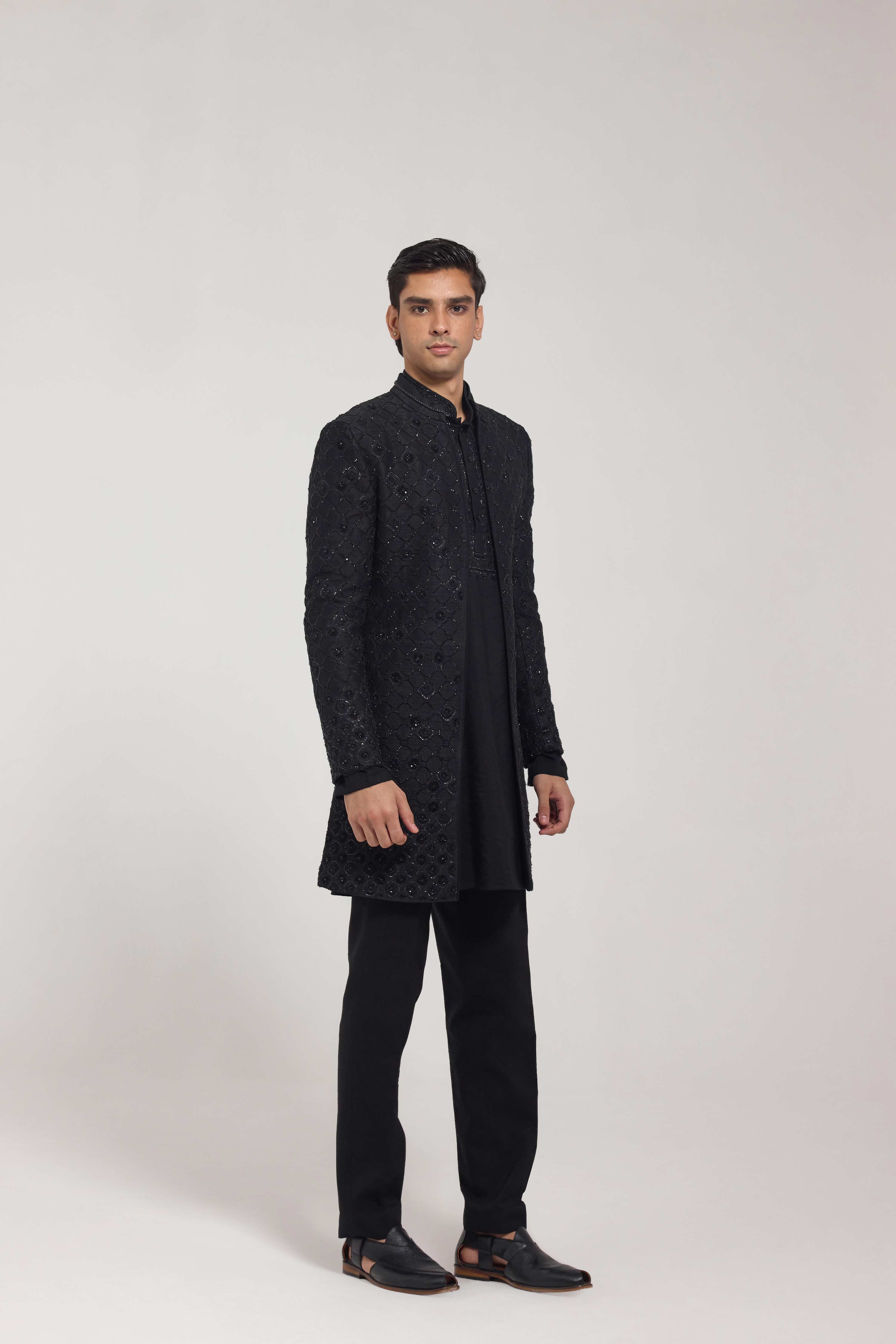 Black Embroidered Front-Open Jacket Set
