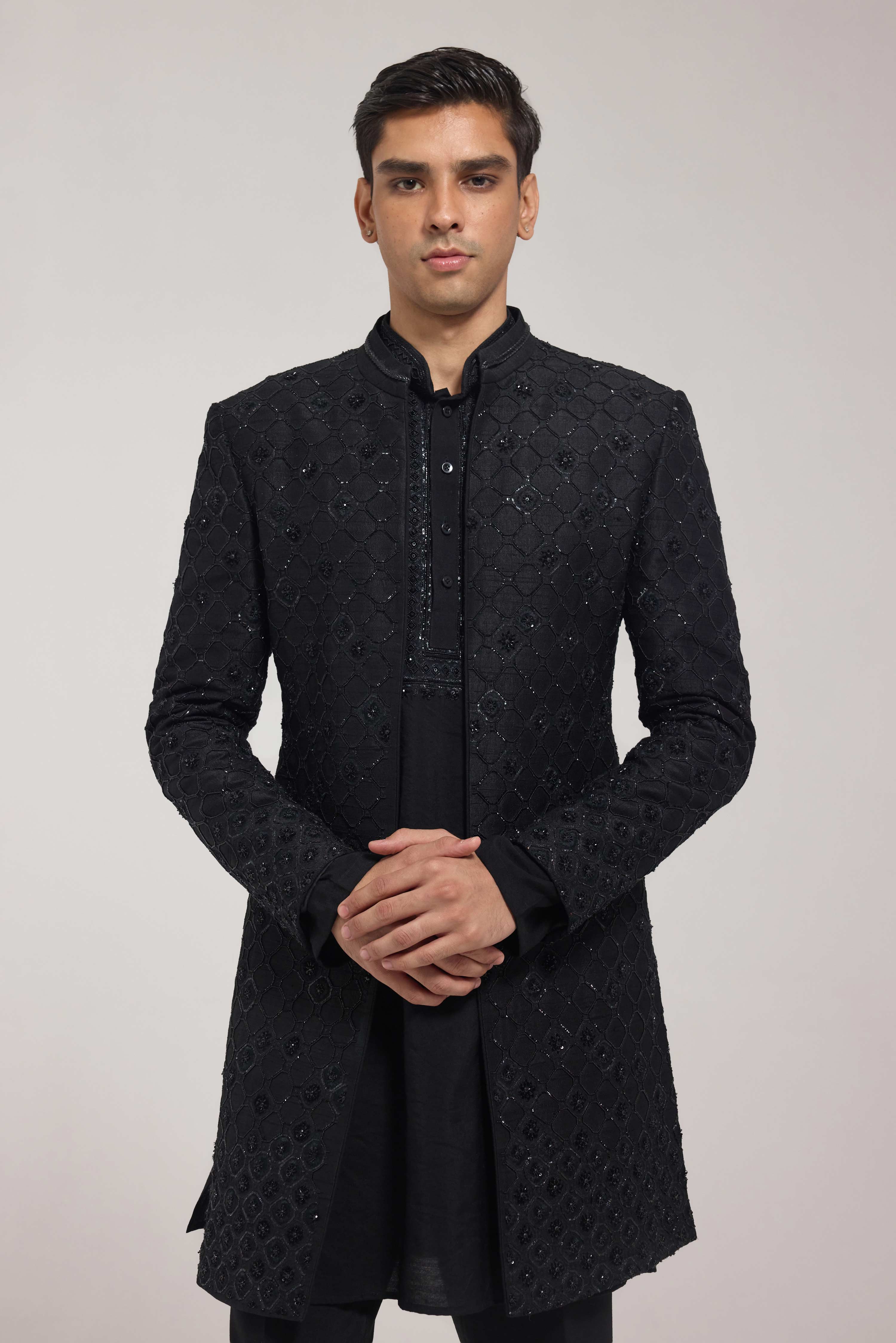 Black Embroidered Front-Open Jacket Set