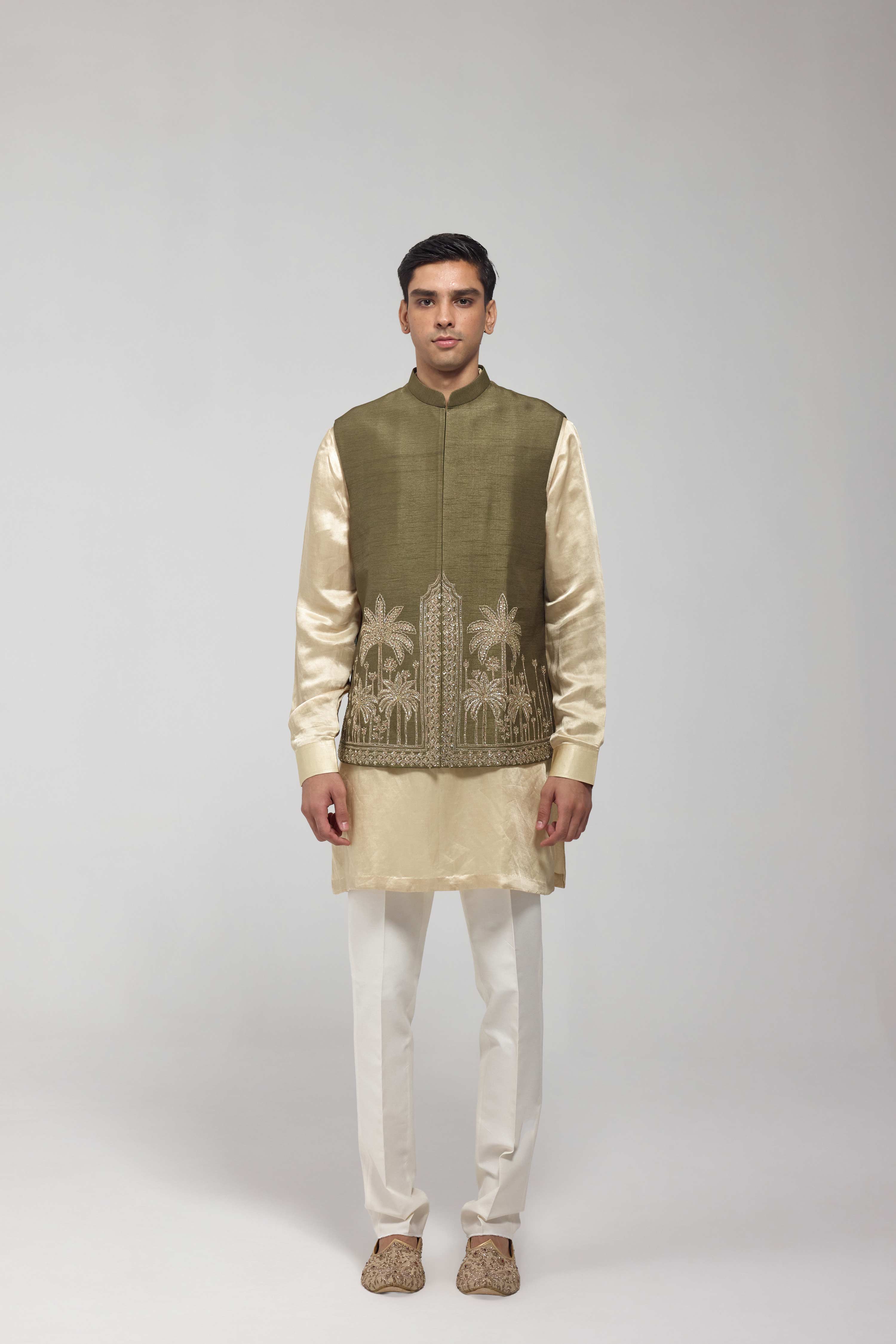 Green Embroidered Silk Half Jacket Set