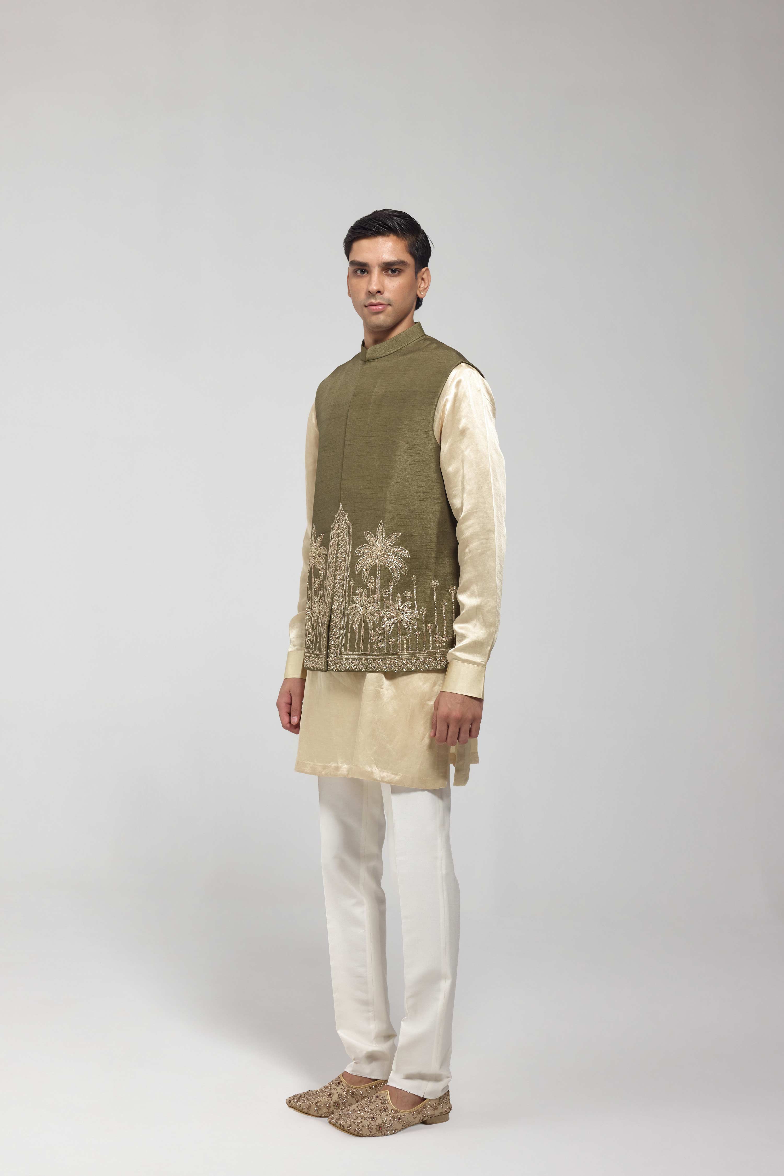Green Embroidered Silk Half Jacket Set