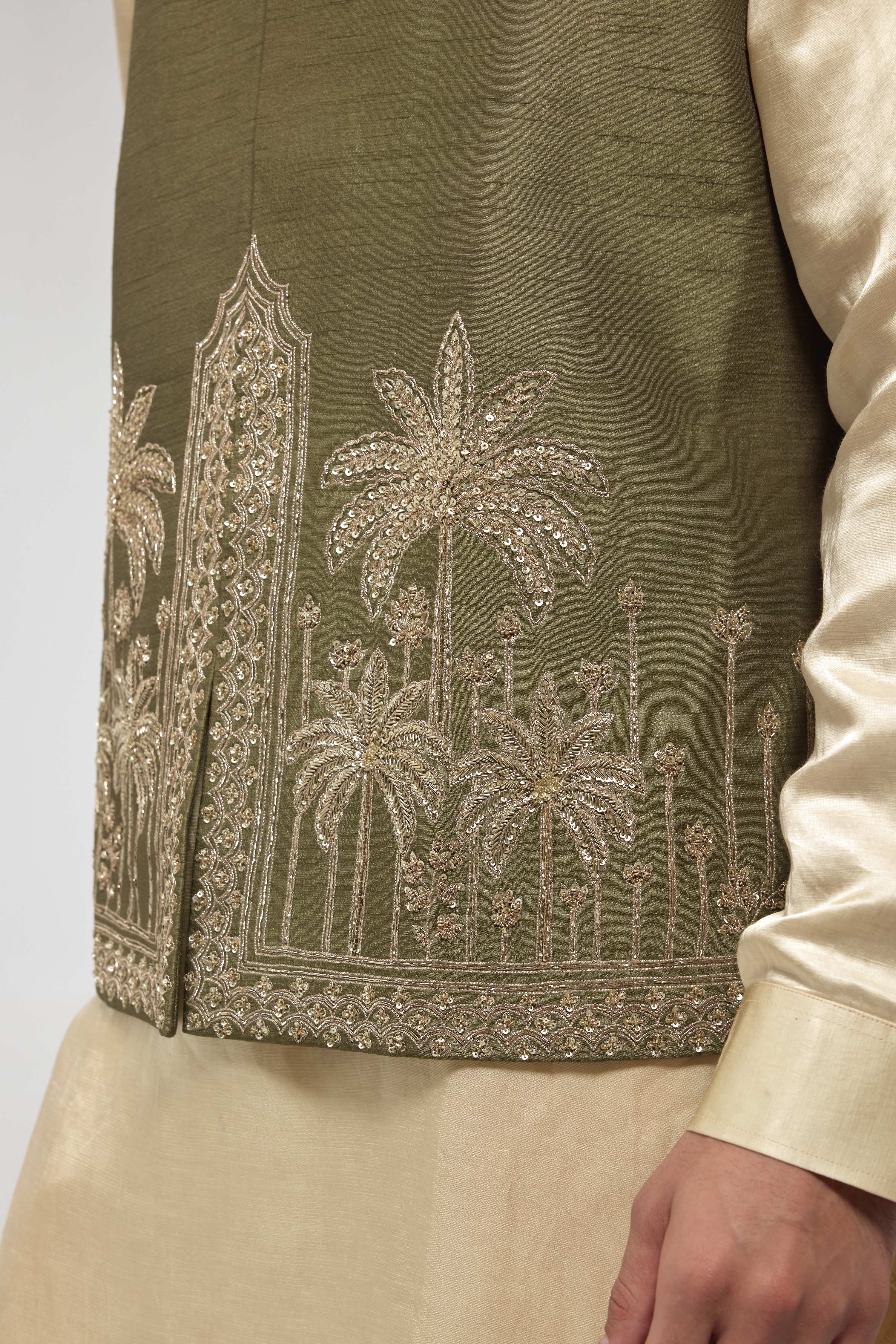 Green Embroidered Silk Half Jacket Set