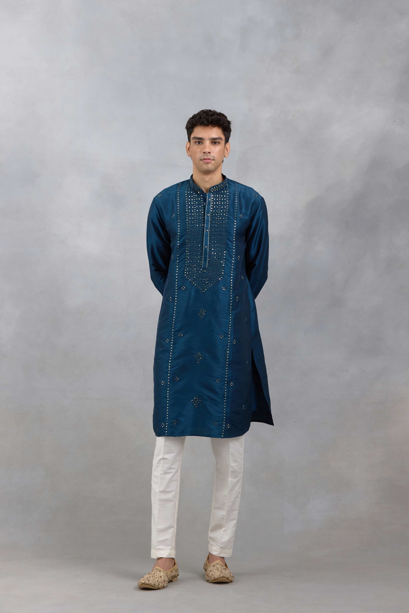Blue Embroidered Slub Silk Kurta Set