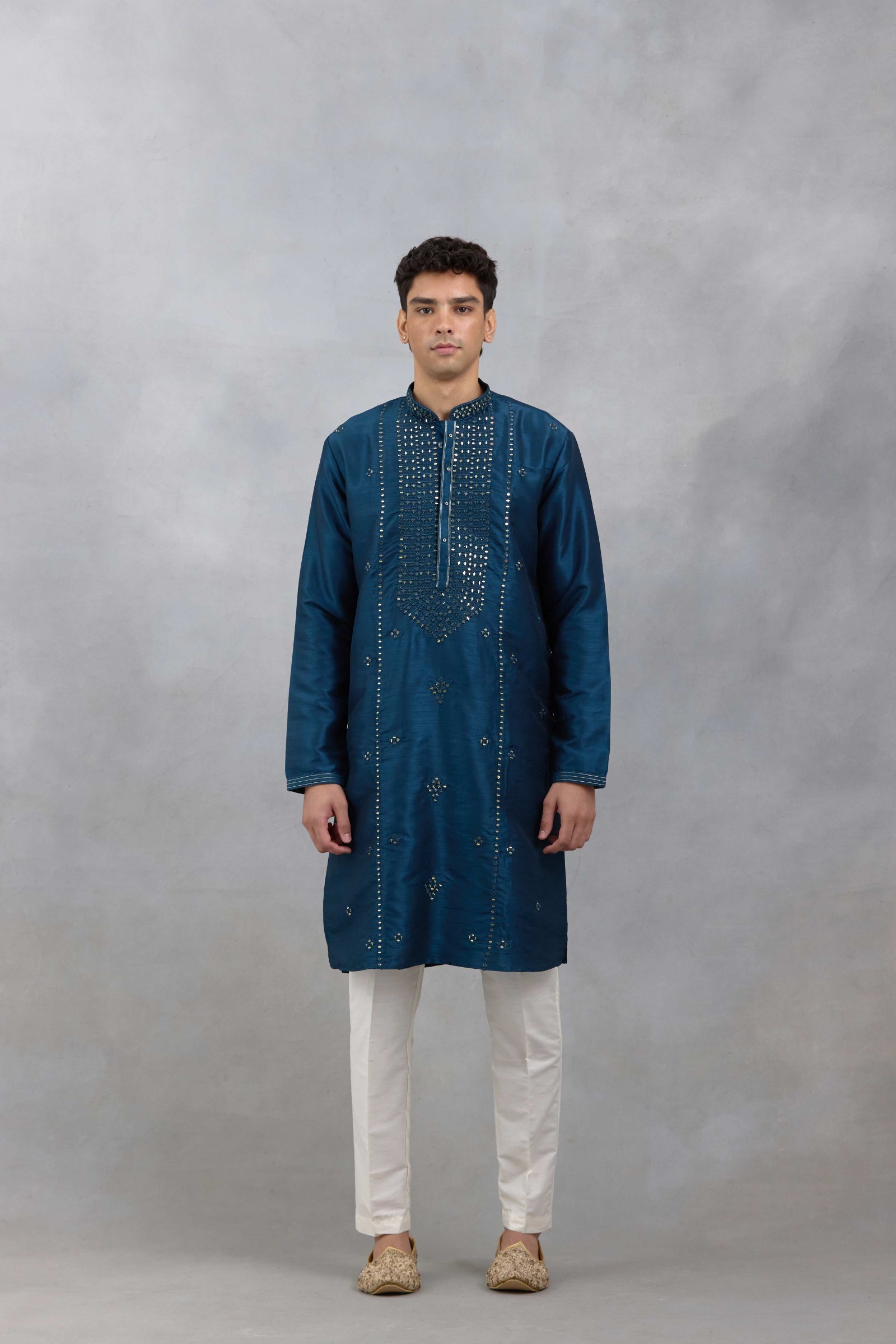 Blue Embroidered Slub Silk Kurta Set