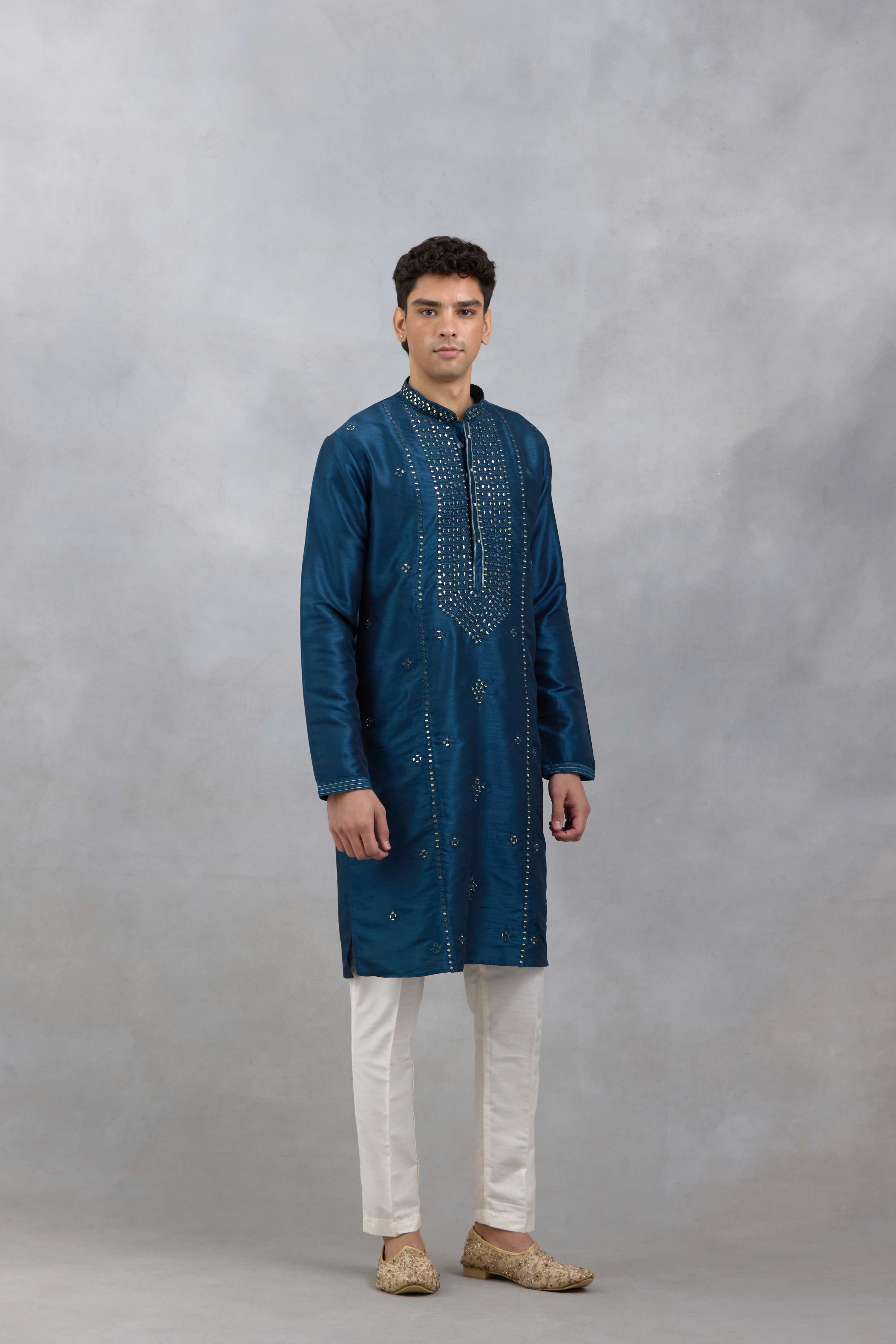 Blue Embroidered Slub Silk Kurta Set