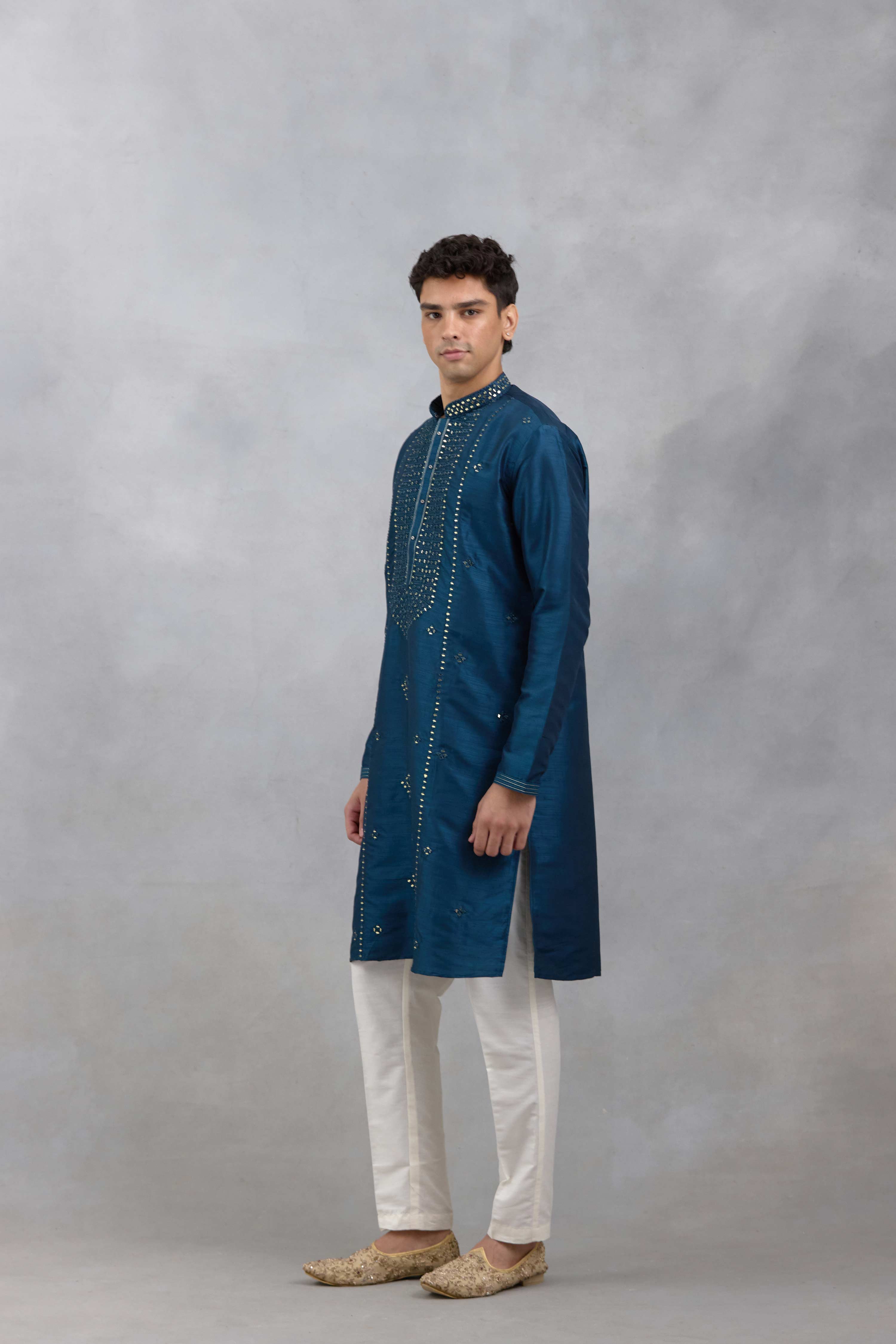 Blue Embroidered Slub Silk Kurta Set