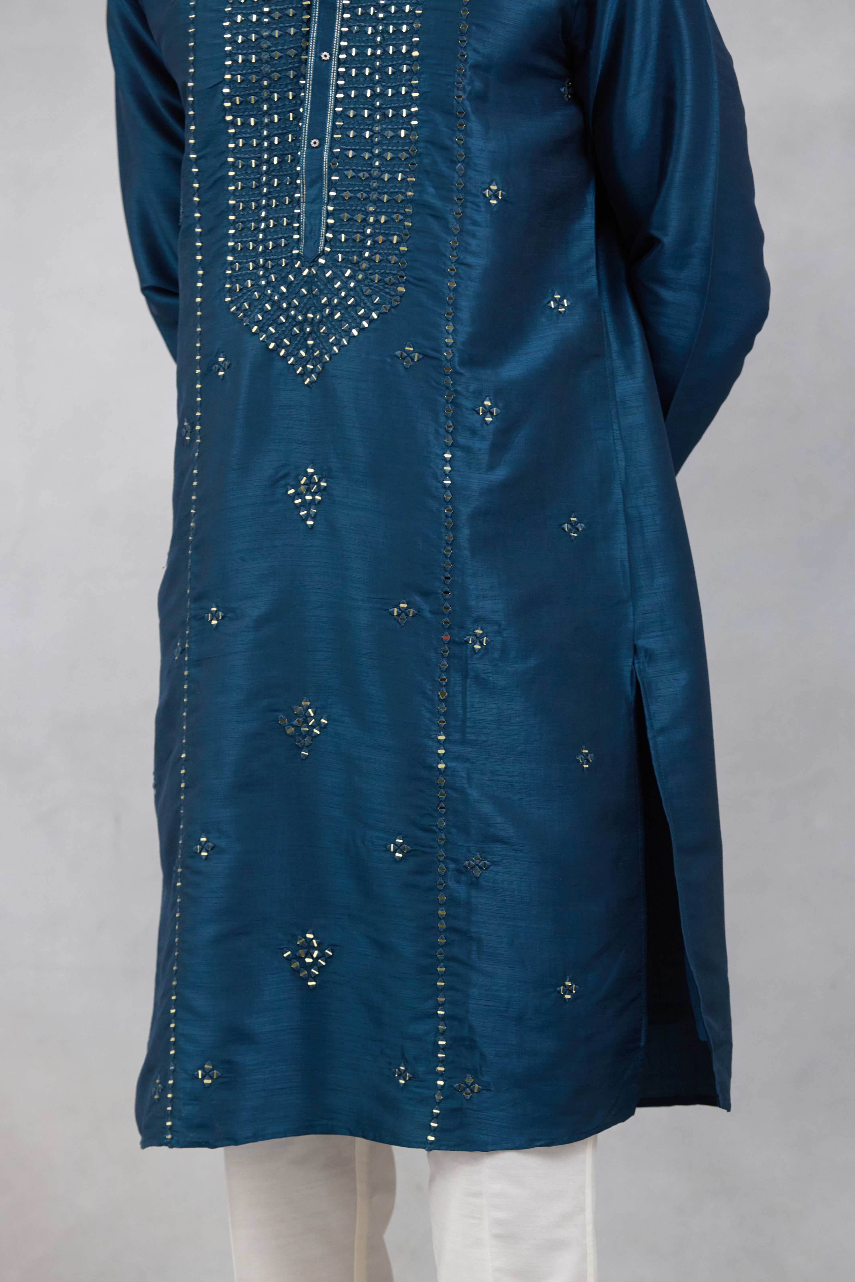 Blue Embroidered Slub Silk Kurta Set