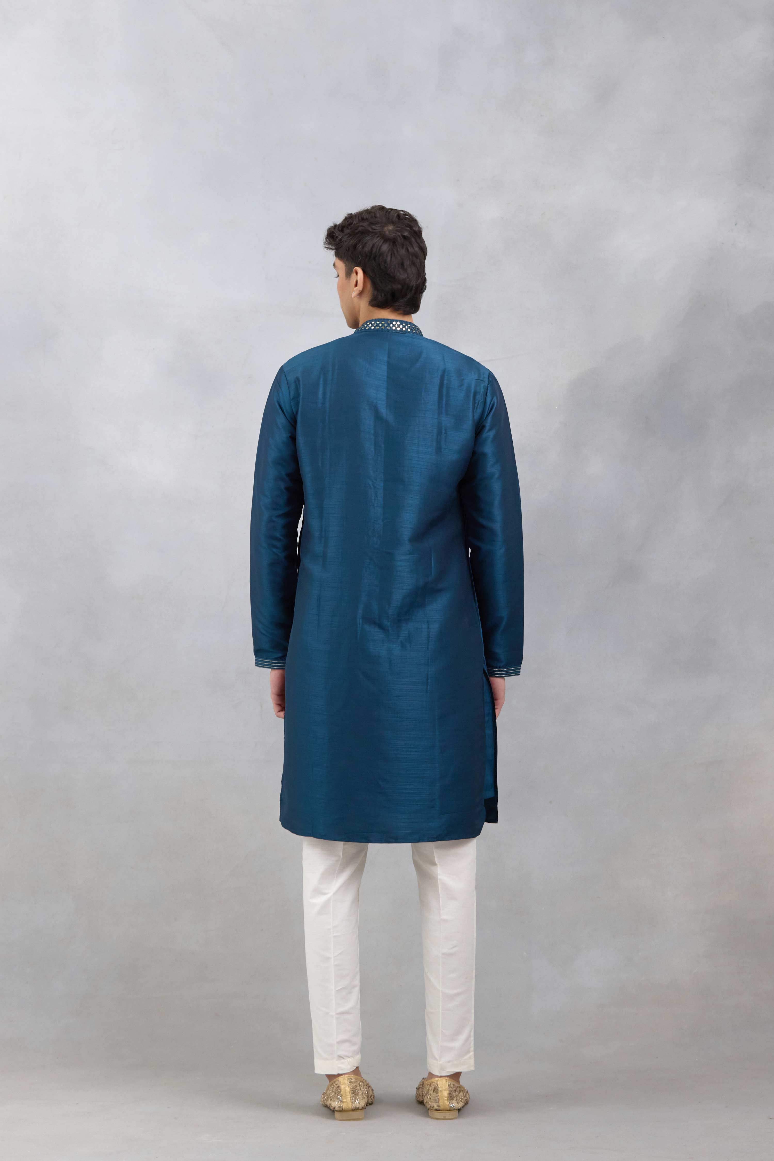 Blue Embroidered Slub Silk Kurta Set