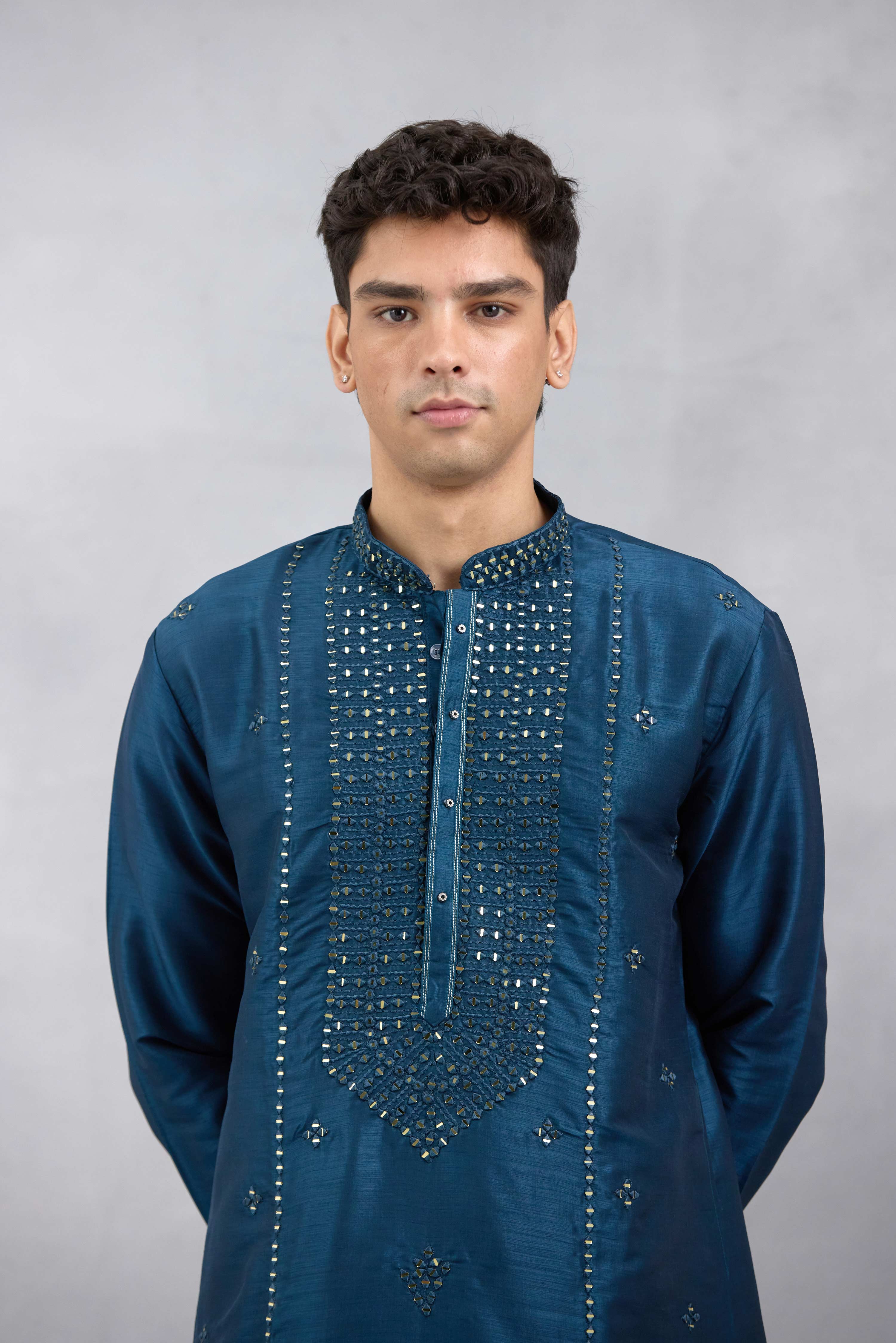 Blue Embroidered Slub Silk Kurta Set
