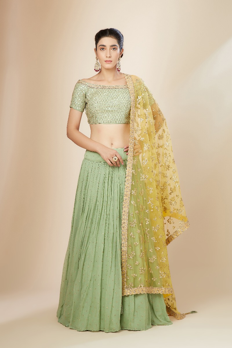 Beige and Mid Night Grey Ombre Net Lehenga