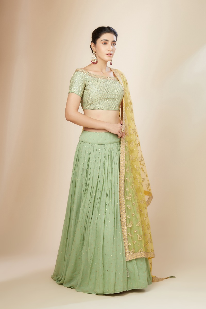 Beige and Mid Night Grey Ombre Net Lehenga
