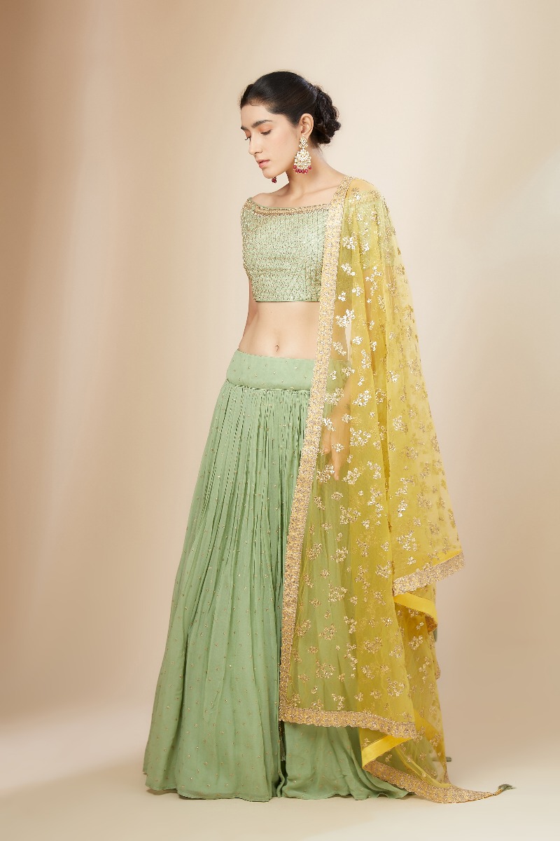 Beige and Mid Night Grey Ombre Net Lehenga