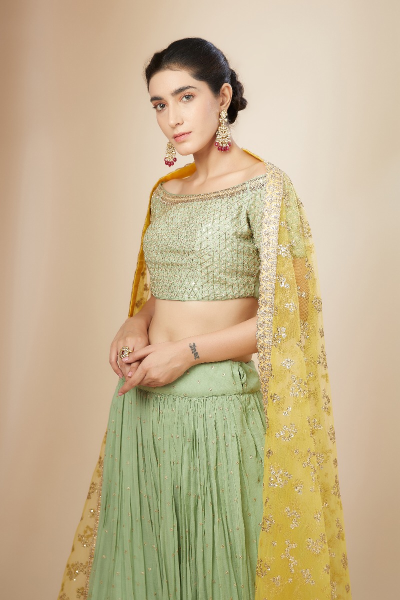 Beige and Mid Night Grey Ombre Net Lehenga