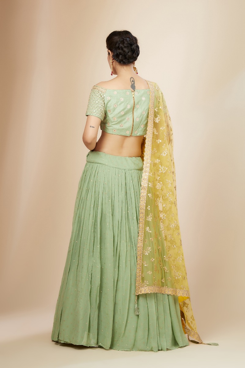 Beige and Mid Night Grey Ombre Net Lehenga