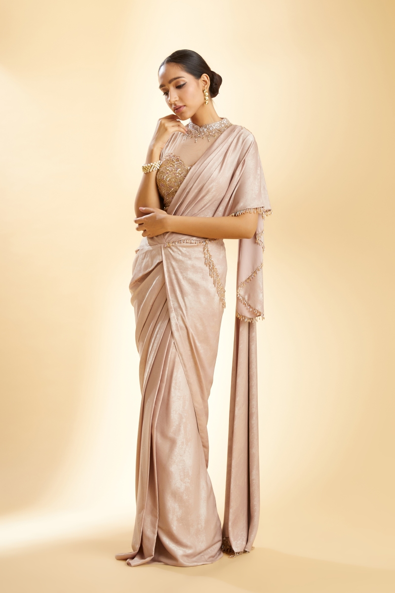 Dusty Peach Shimmer Lycra Drape Saree