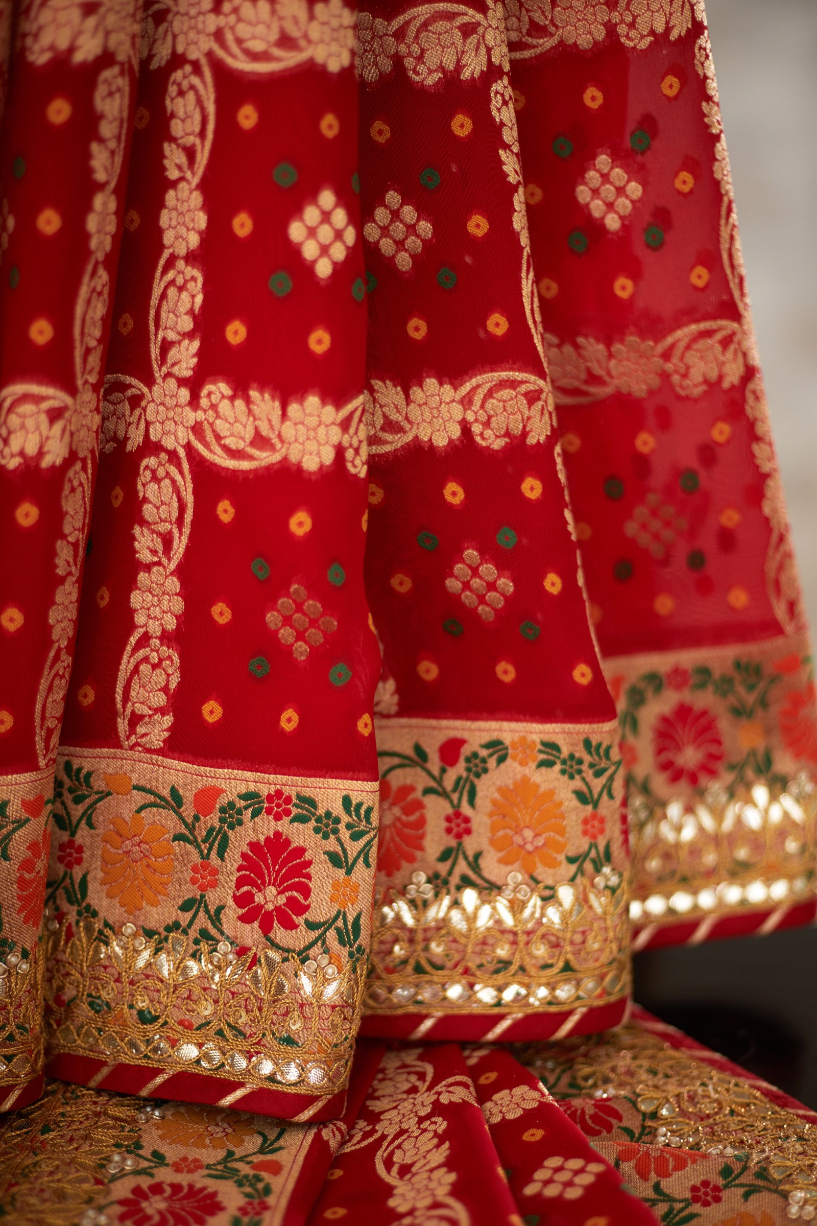 Red Banarasi Embroidered Bandhani Saree