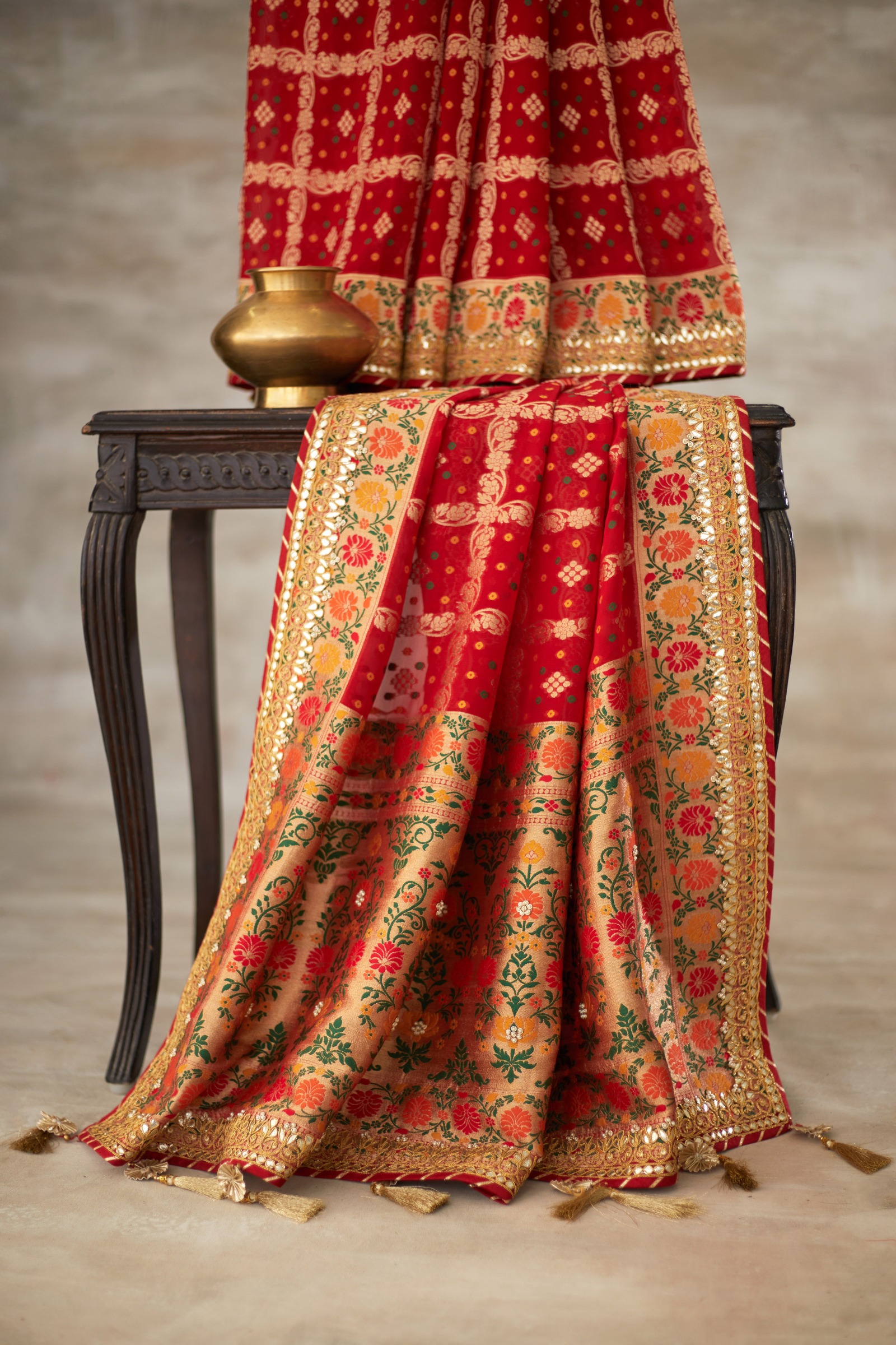 Red Banarasi Embroidered Bandhani Saree
