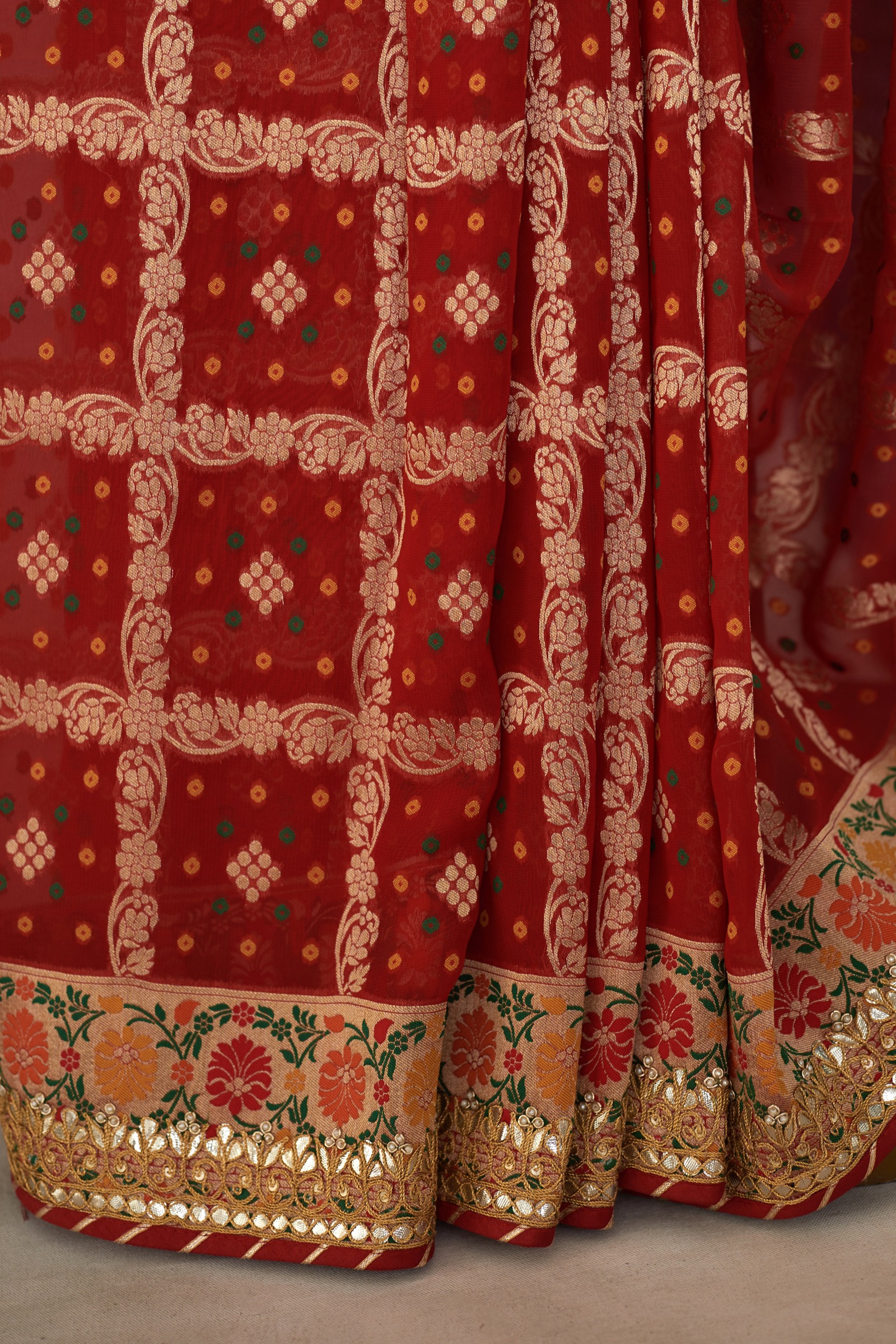 Red Banarasi Embroidered Bandhani Saree