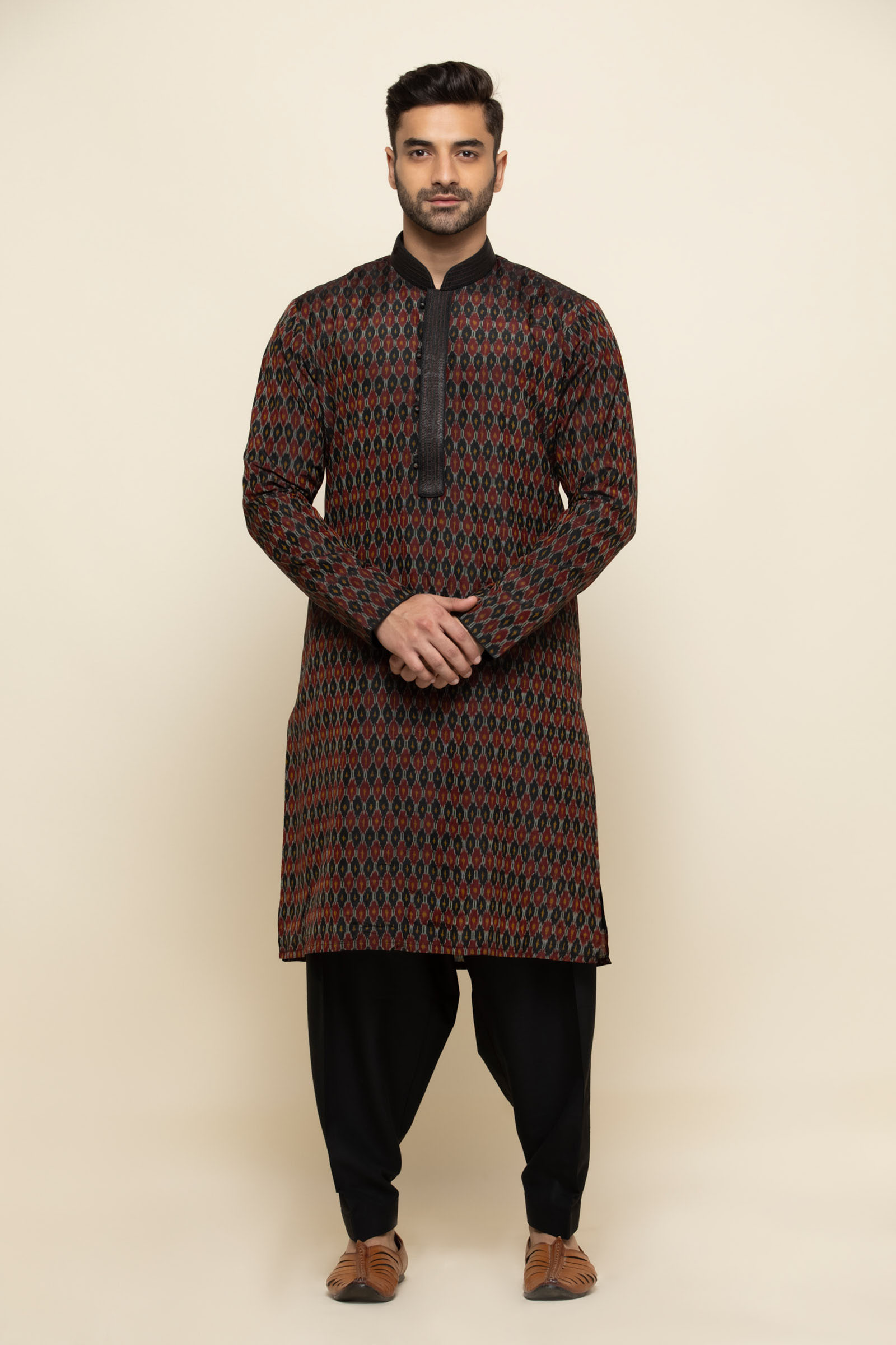 Black Ikat Silk Pathani Suit