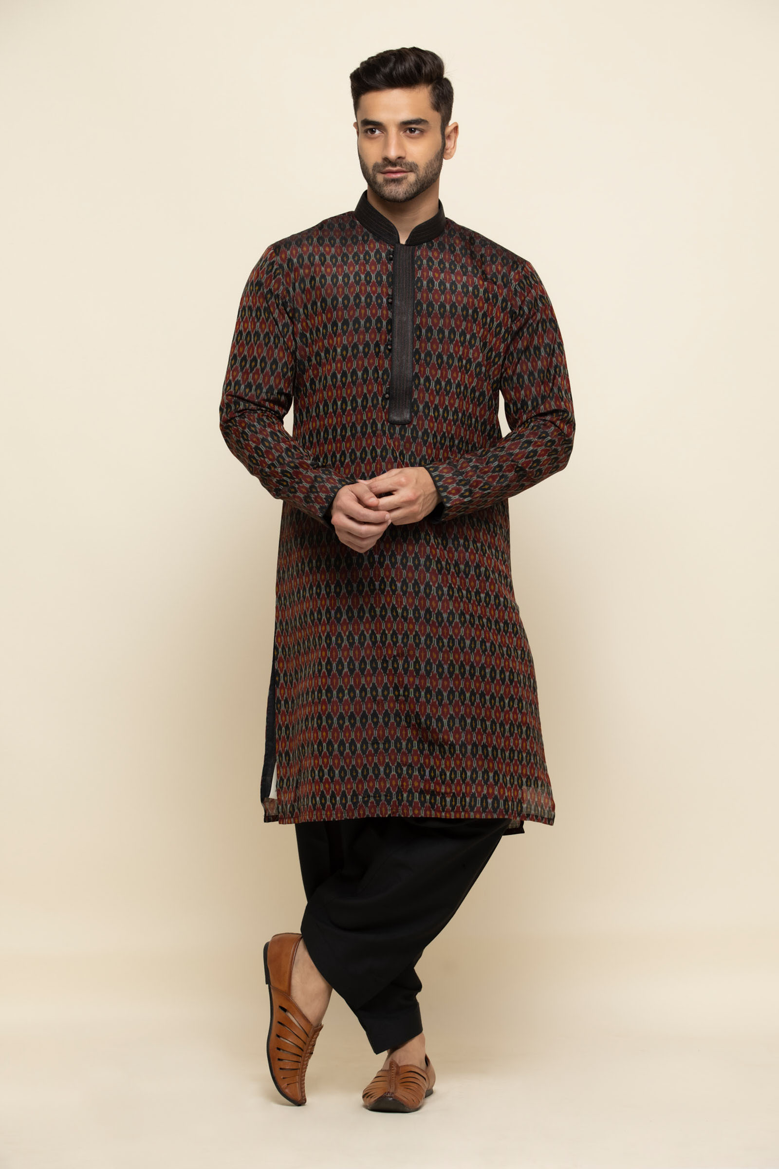 Black Ikat Silk Pathani Suit