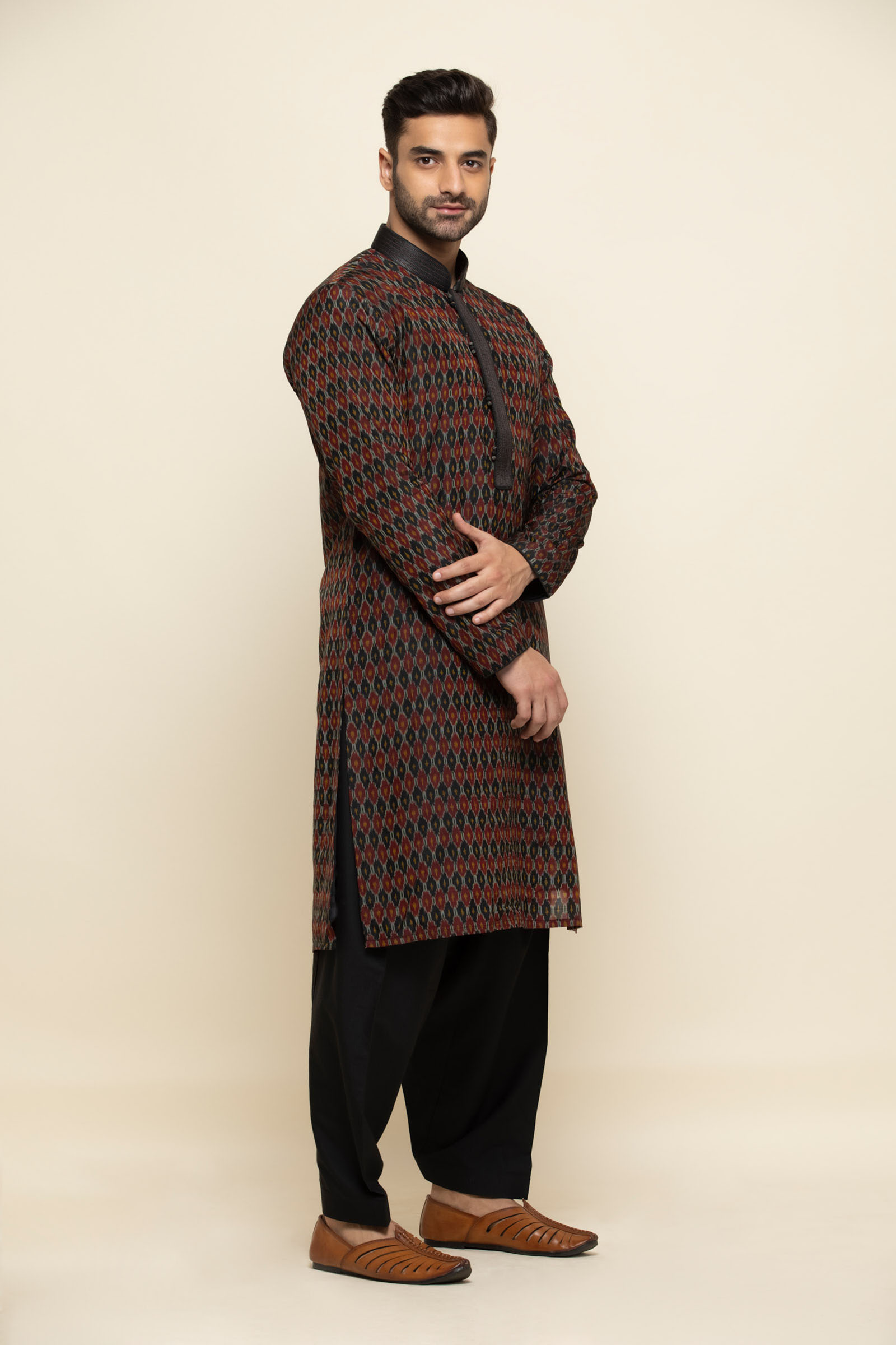 Black Ikat Silk Pathani Suit