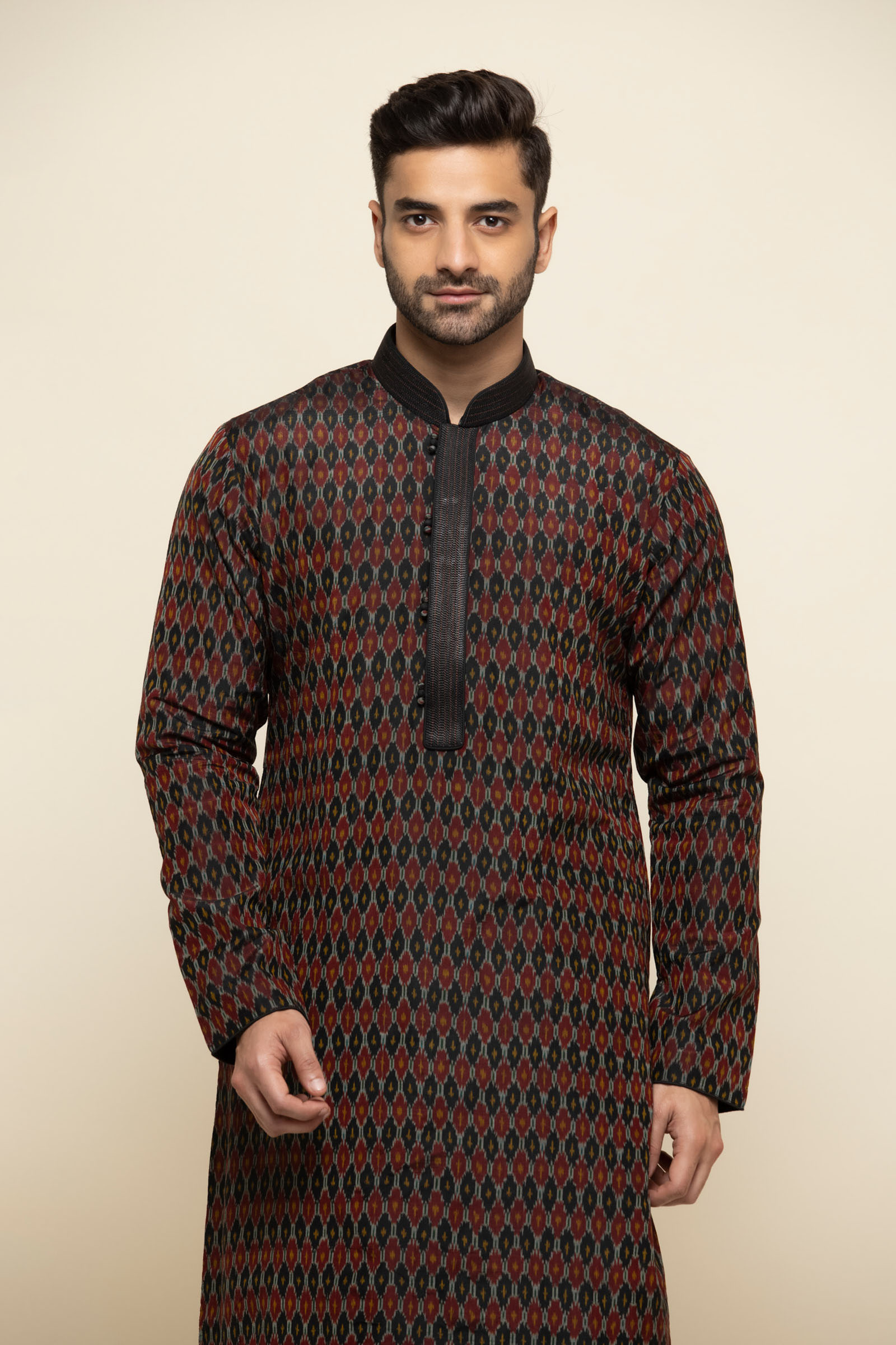 Black Ikat Silk Pathani Suit