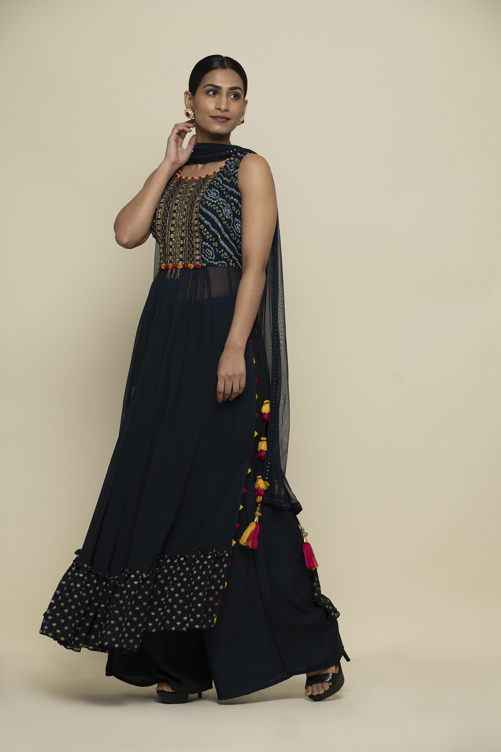 Navy Blue Pure Fox Georgette Palazzo Suit