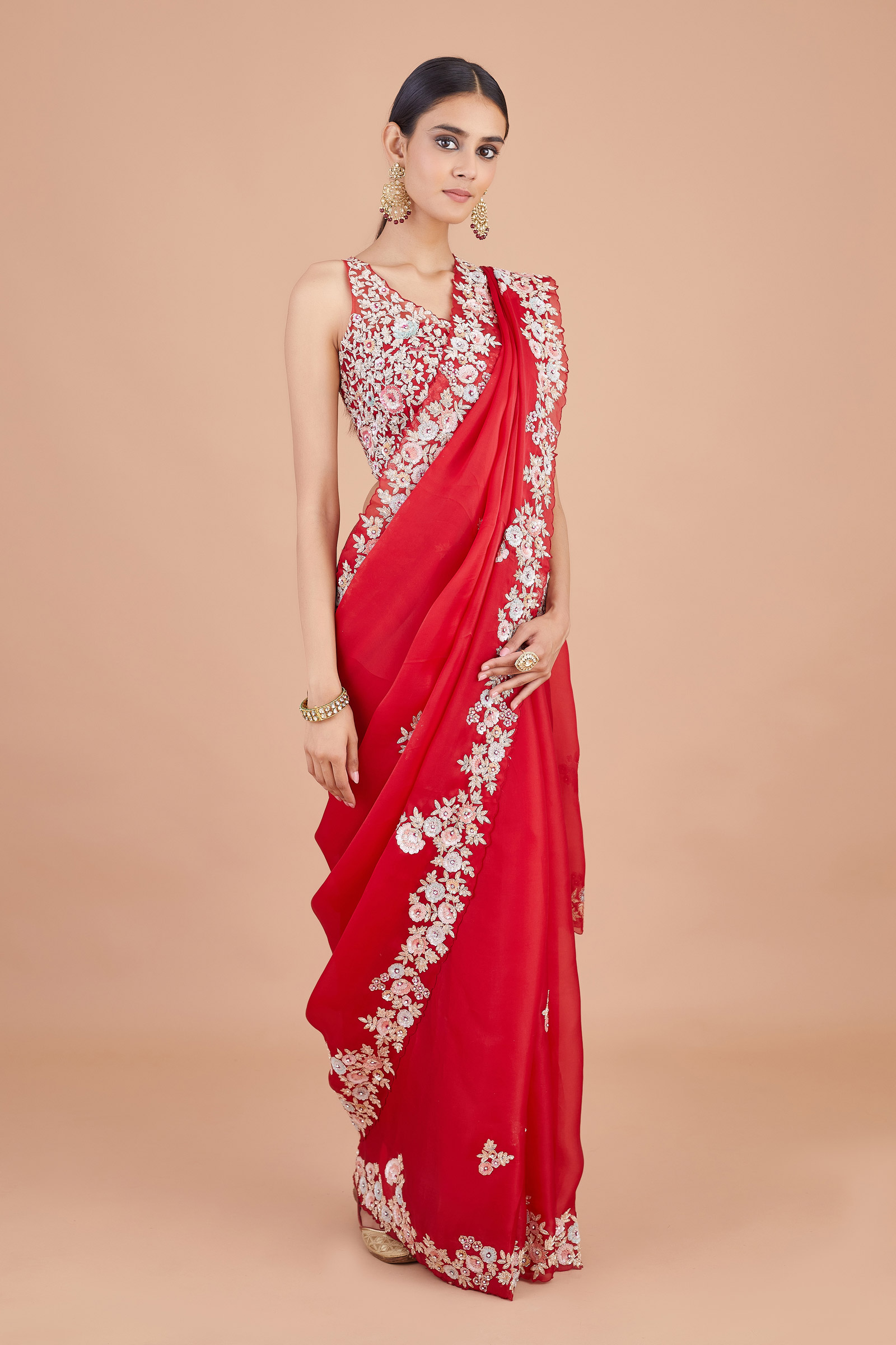 Buy Crimson Organza Saree For Women Online