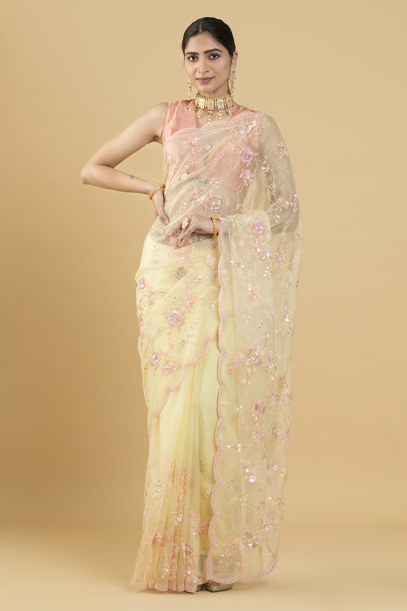 Lemon Yellow Floral Embroidered Organza Saree