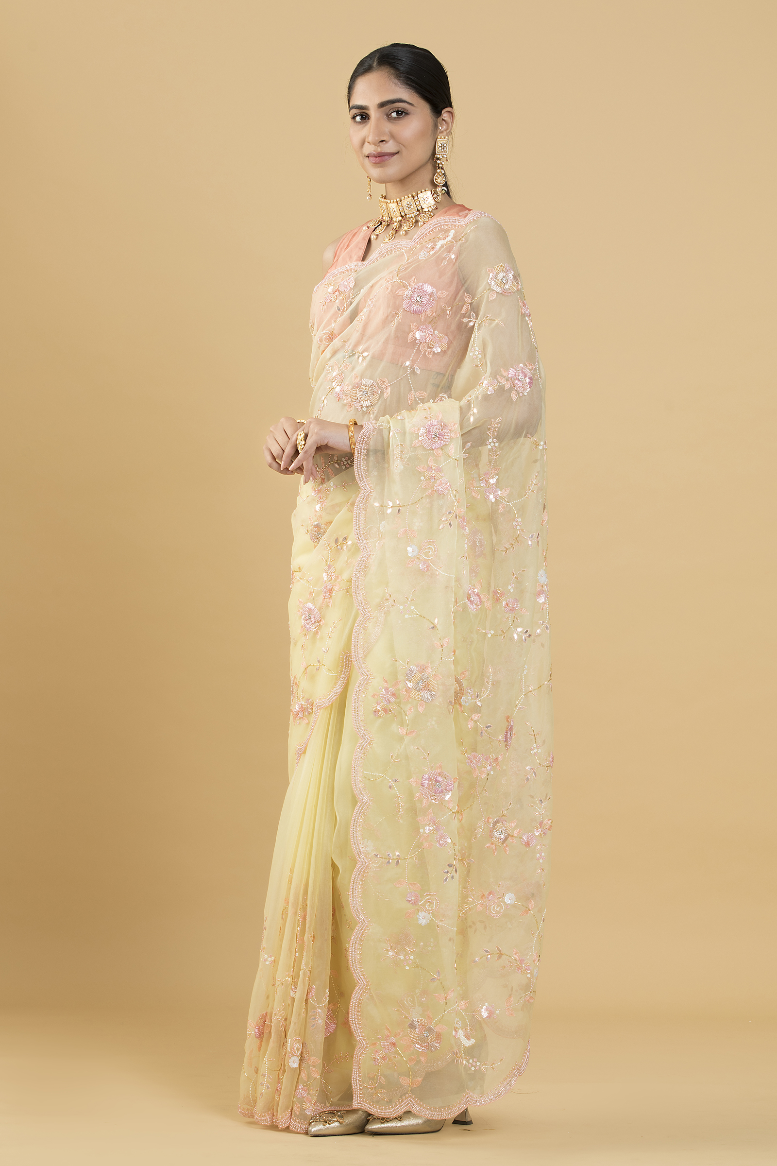 Lemon Yellow Floral Embroidered Organza Saree