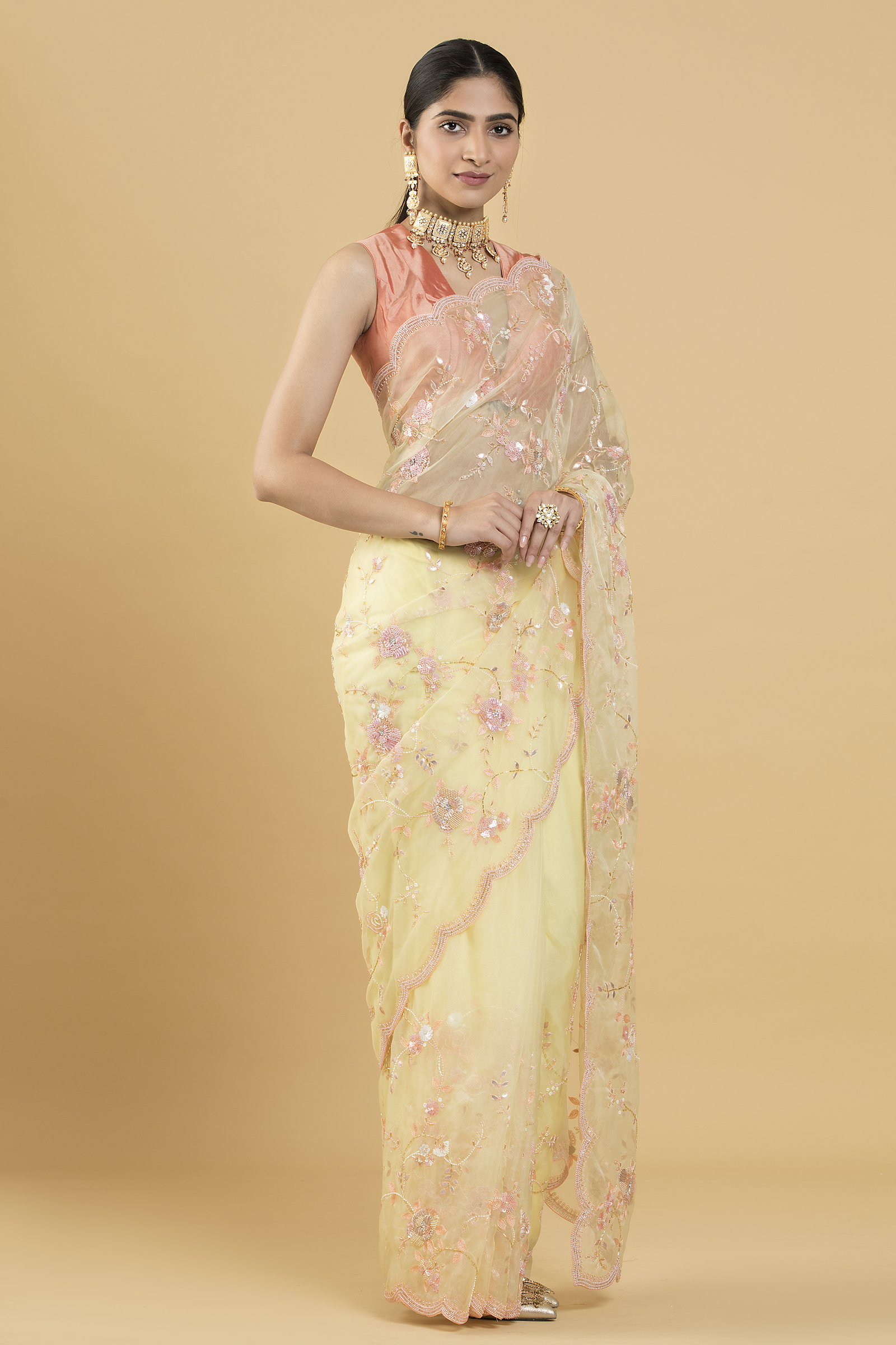 Lemon Yellow Floral Embroidered Organza Saree