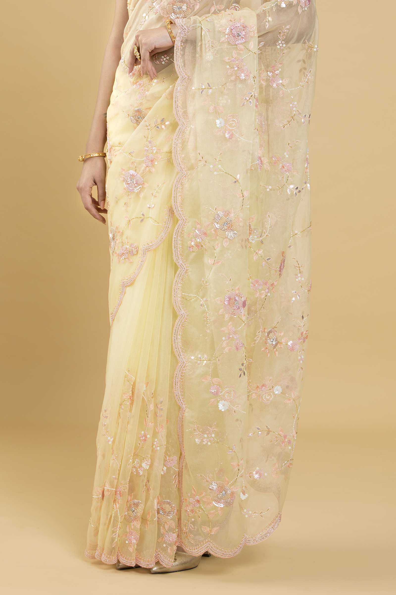 Lemon Yellow Floral Embroidered Organza Saree