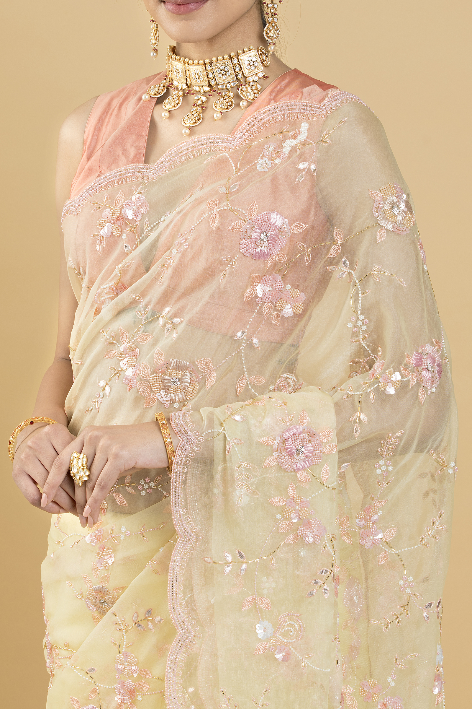 Lemon Yellow Floral Embroidered Organza Saree