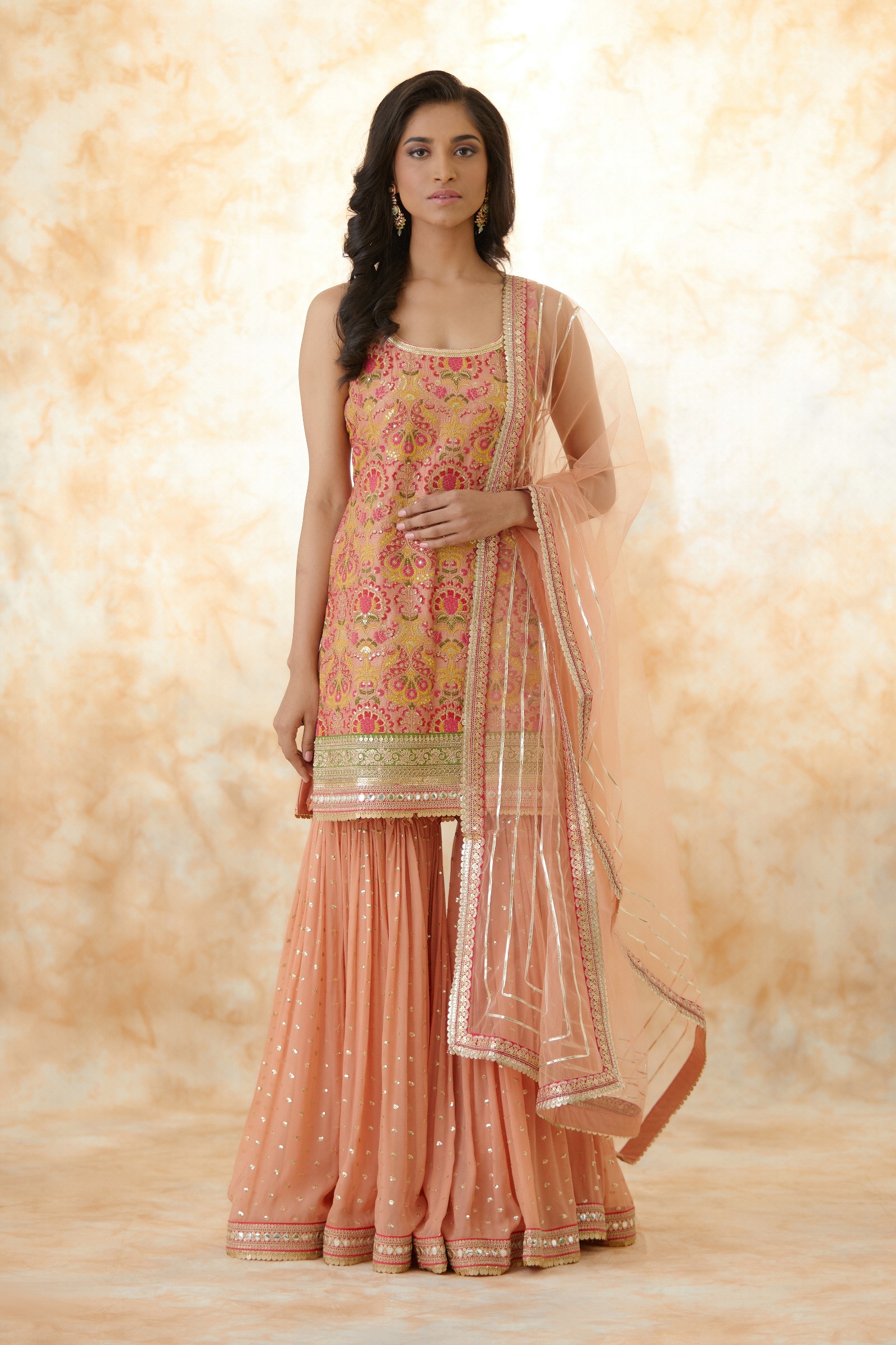 Buy Peach Pink Raw Silk Sharara Suit For Women Online Frontierraas